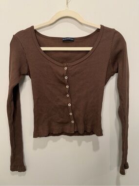Brandy Melville Brown Ribbed Button Front Long Sleeve Top One Size Cotton Italy